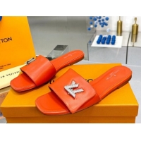 Pretty Style Louis Vuitton Shake Leather Flat Slide Sandals with Crystal LV Twist Orange 013026