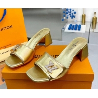 Best Grade Louis Vuitton Shake Leather Heel Slide Sandals 5.5cm with Crystal LV Twist Gold 1013030