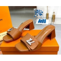 Durable Louis Vuitton Shake Leather Heel Slide Sandals 5.5cm with Crystal LV Twist Brown 1013033