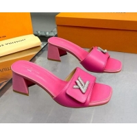 Grade Quality Louis Vuitton Shake Leather Heel Slide Sandals 5.5cm with Crystal LV Twist Dark Pink 1013035