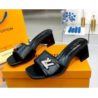 Top Design Louis Vuitton Shake Leather Heel Slide Sandals 5.5cm with Crystal LV Twist Black 013037