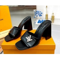 Sophisticated Louis Vuitton Shake Leather Heel Slide Sandals 9.5cm with Crystal LV Twist Black 1013043