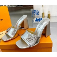 Duplicate Louis Vuitton Shake Leather Heel Slide Sandals 9.5cm with Crystal LV Twist Silver 1013044