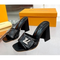 Good Quality Louis Vuitton Shake Monogram Canvas Heel Slide Sandals 9.5cm with Crystal LV Twist Black 1013045