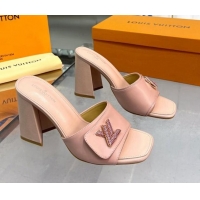 Unique Style Louis Vuitton Shake Leather Heel Slide Sandals 9.5cm with Crystal LV Twist Light Pink 1013046