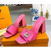 Grade Quality Louis Vuitton Shake Leather Heel Slide Sandals 9.5cm with Crystal LV Twist Dark Pink 1013047