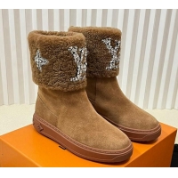 Fashion Luxury Louis Vuitton Snowdrop Shearling and Suede Flat Ankle Boots with Crystals Brown 1016026