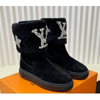 Fashion Louis Vuitton Snowdrop Shearling and Suede Flat Ankle Boots with Crystals Black 1016027