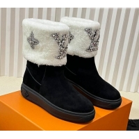 Classic Hot Louis Vuitton Snowdrop Shearling and Suede Flat Ankle Boots with Crystals Black/White 1016028