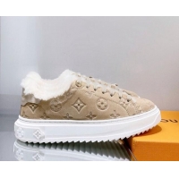 Luxurious Louis Vuitton Time Out Sneakers in Monogram Suede and Shearling Beige 016129