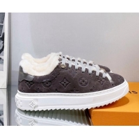 Popular Style Louis Vuitton Time Out Sneakers in Monogram Suede and Shearling Dark Grey 016130