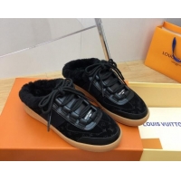 Good Looking Louis Vuitton Lous Open Back Sneakers in Monogram Suede and Wool Black 026014