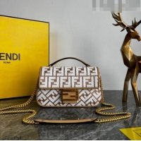 Promotional Fendi Baguette Chain Midi Bag in Raffia Straw with white tapestry fabric FF motif FE5044 2023