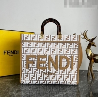 Well Crafted Fendi Sunshine Medium Tote Bag in Raffia Straw with white tapestry fabric FF motif FE5046 2023