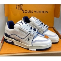 Luxury Louis Vuitton LV Trainer Sneakers in Calf Leather White/Blue 106078