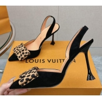 Hot Style Louis Vuitton Blossom Slingback Pumps 9.5cm in Suede with Bow Black/leopard print 121049