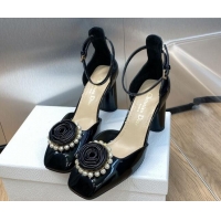 Top Design Dior Rose Open Pumps 8.5cm in Patent Calfskin and Pearls Bloom Black 016035