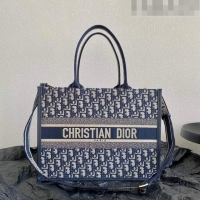 Top Grade Dior Medium Book Tote Bag in Ecru White and Blue Dior Oblique Embroidery CD5008