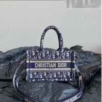 Good Quality Dior Mini Book Tote Bag in Beige and Blue Dior Oblique Embroidery with Strap CD5010