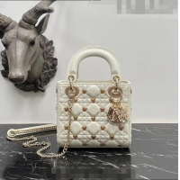 Super Quality Dior Mini Lady Dior Bag in White Cannage Lambskin with Gold-Finish Butterfly Studs M0505