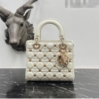 Best Quality Dior Small Lady Dior Bag in White Cannage Lambskin with Gold-Finish Butterfly Studs M0538