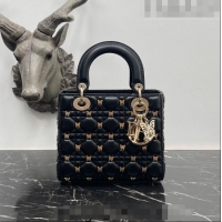 Top Quality Dior Small Lady Dior Bag in Black Cannage Lambskin with Gold-Finish Butterfly Studs M0538