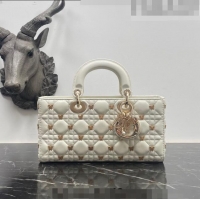 Promotional Dior Medium Lady D-Joy Bag in White Cannage Lambskin with Gold-Finish Butterfly Studs M0540