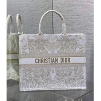 Well Crafted Dior Large Book Tote Bag in Gold-Tone and White Butterfly Around The World Embroidery CD9062