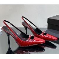 Lowest Price Saint Laurent Sadie Slingbacks Pumps 9cm with Crystal Buckle Dark Red 121072