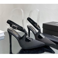 Top Design Saint Laurent Spontini Slingbacks Pumps 10cm in Silk with Crystal Buckle Black 121078