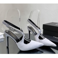 Low Cost Saint Laurent Spontini Slingbacks Pumps 10cm in Silk with Crystal Buckle Light Grey 121079