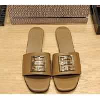 Grade Givenchy 4G Leather Flat Slide Sandals Khaki 703131