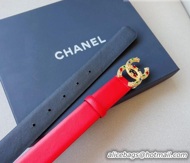 ​Most Popular Chanel Calfskin Belt 3cm with Stone CC C0131 Red