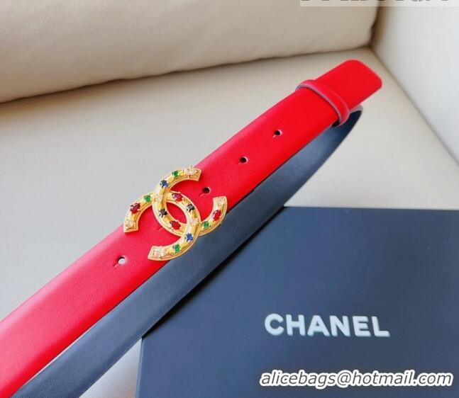 ​Most Popular Chanel Calfskin Belt 3cm with Stone CC C0131 Red