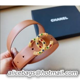 ​Good Taste Chanel Calfskin Belt 3cm with Stone CC C0131 Apricot