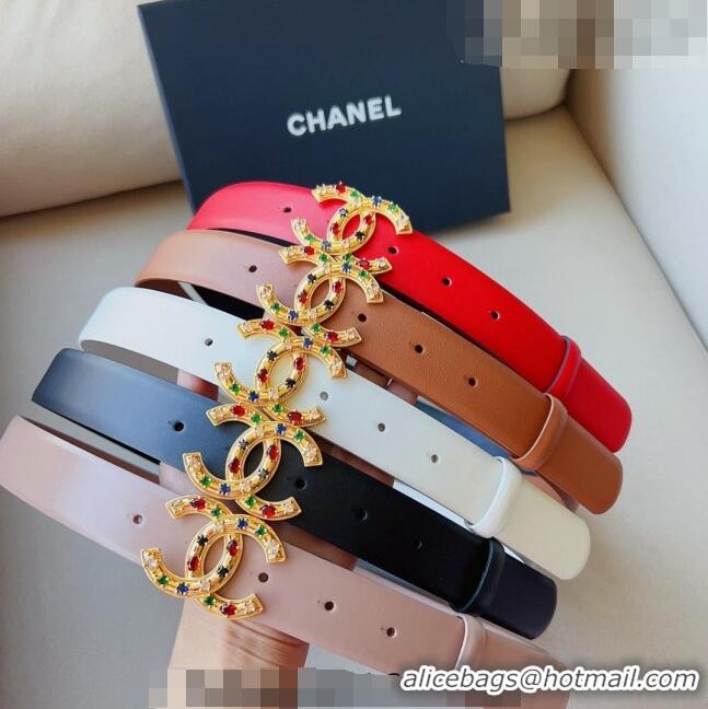 ​Good Taste Chanel Calfskin Belt 3cm with Stone CC C0131 Apricot