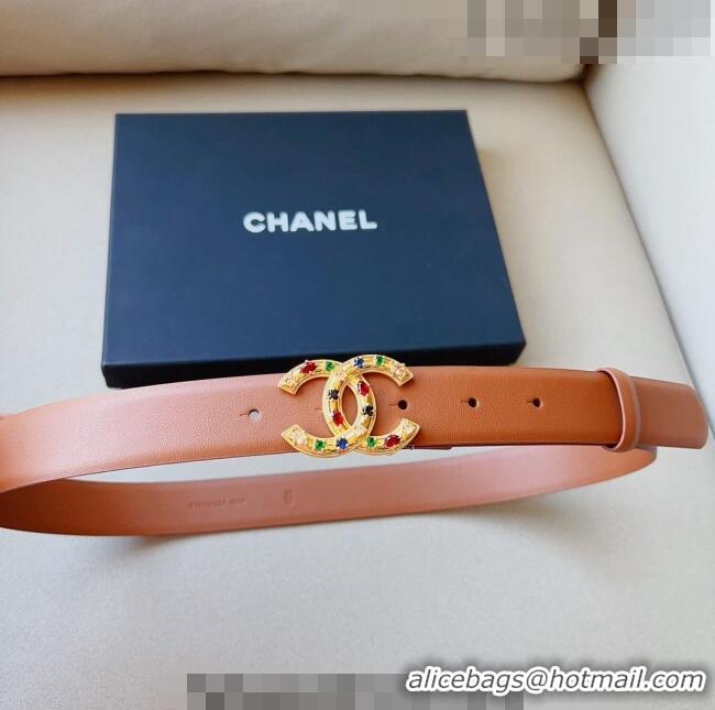 ​Good Taste Chanel Calfskin Belt 3cm with Stone CC C0131 Apricot