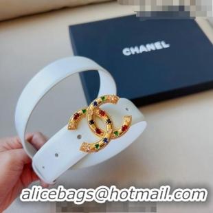 ​Top Quality Chanel Calfskin Belt 3cm with Stone CC C0131 White