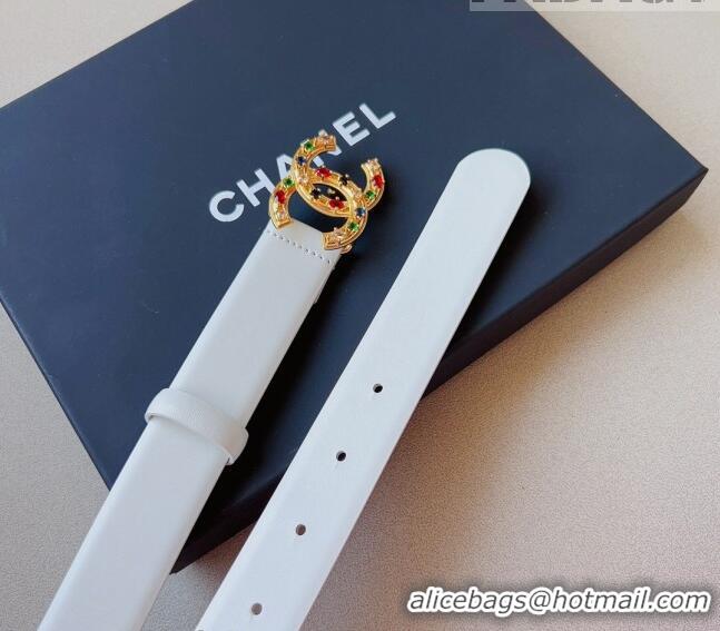 ​Top Quality Chanel Calfskin Belt 3cm with Stone CC C0131 White