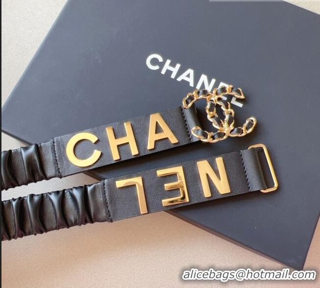 Promotional Chanel Lambskin Belt 3cm with Metal Letterings C9113 Black