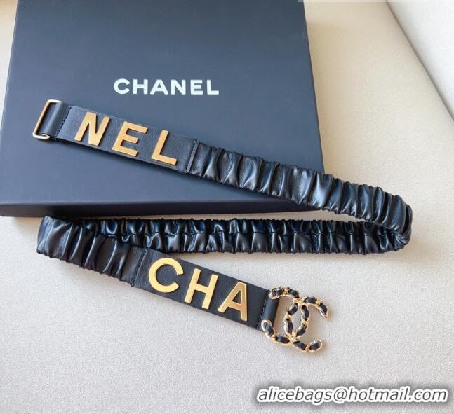 Promotional Chanel Lambskin Belt 3cm with Metal Letterings C9113 Black