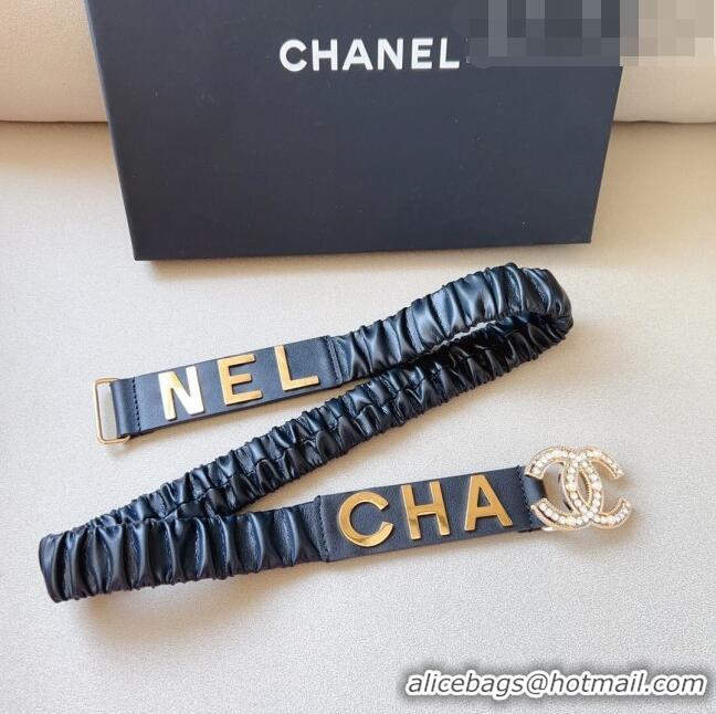 ​Inexpensive Chanel Lambskin Belt 3cm with Metal Letterings C9114 Black