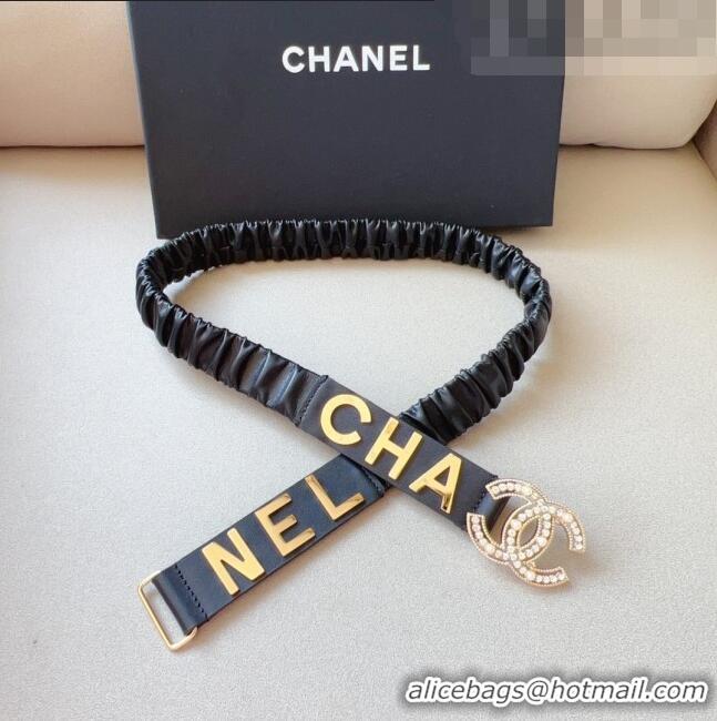 ​Inexpensive Chanel Lambskin Belt 3cm with Metal Letterings C9114 Black