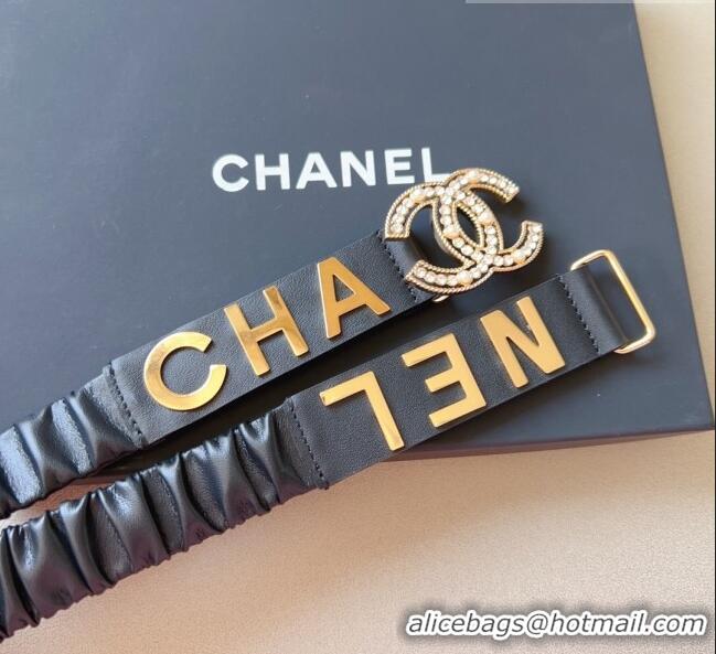 ​Inexpensive Chanel Lambskin Belt 3cm with Metal Letterings C9114 Black