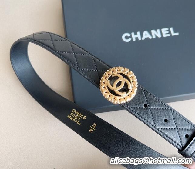 ​Big Enough Chanel Quilted Lambskin Belt 3cm with Heart CC Buckle 0511 Black/Gold 2023