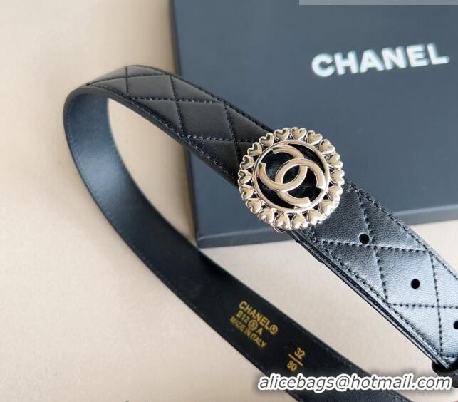 ​Shop Best Chanel Quilted Lambskin Belt 3cm with Heart CC Buckle 0511 Black/Silver 2023