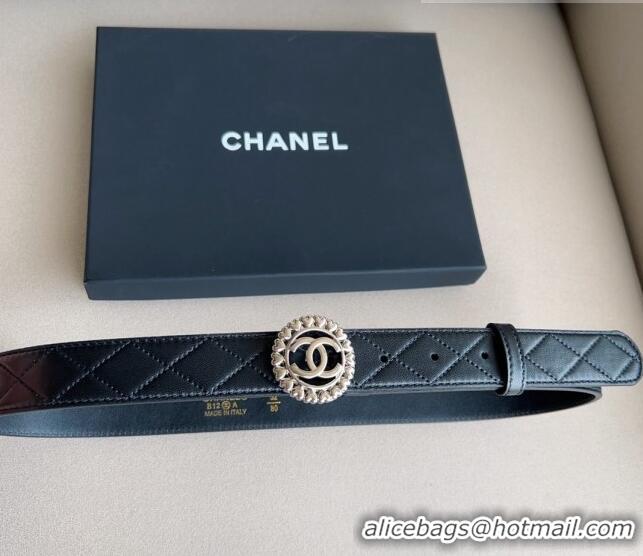 ​Shop Best Chanel Quilted Lambskin Belt 3cm with Heart CC Buckle 0511 Black/Silver 2023