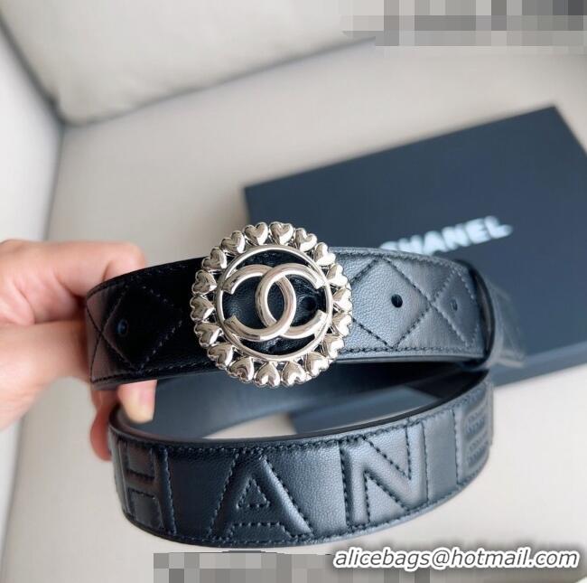 ​Shop Best Chanel Quilted Lambskin Belt 3cm with Heart CC Buckle 0511 Black/Silver 2023