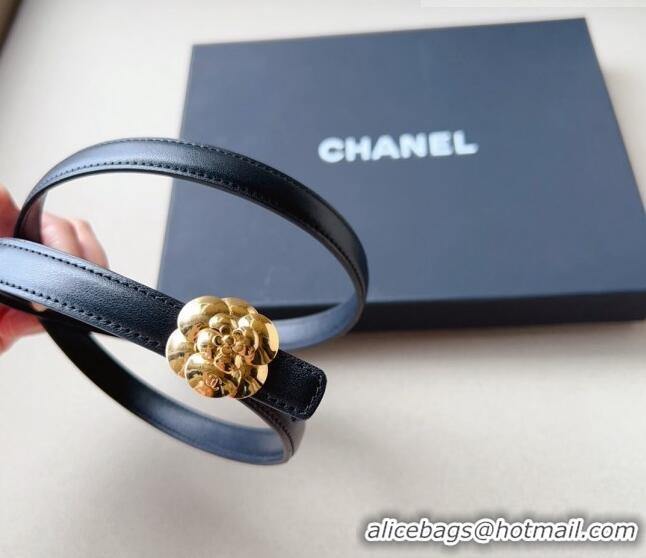 Chanel Calfskin Belt 1.5cm with Gold Camellia Bloom Buckle CH4014 Black 2023