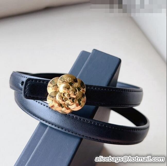 Chanel Calfskin Belt 1.5cm with Gold Camellia Bloom Buckle CH4014 Black 2023